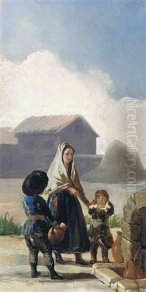A Woman And Two Boys By A Fountain - A Sketch Oil Painting by Francisco Goya Fuendetodos