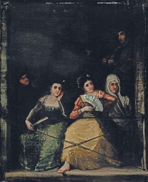 Three Majas On A Balcony Oil Painting by Francisco Goya Fuendetodos