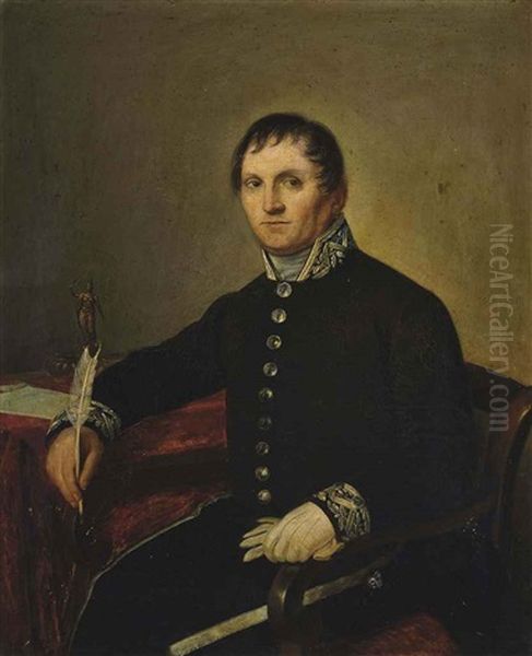 Portrait Of A Government Official, Three-quarter-length, Seated At A Table, A Quill In His Right Hand Oil Painting by Francisco Goya Fuendetodos