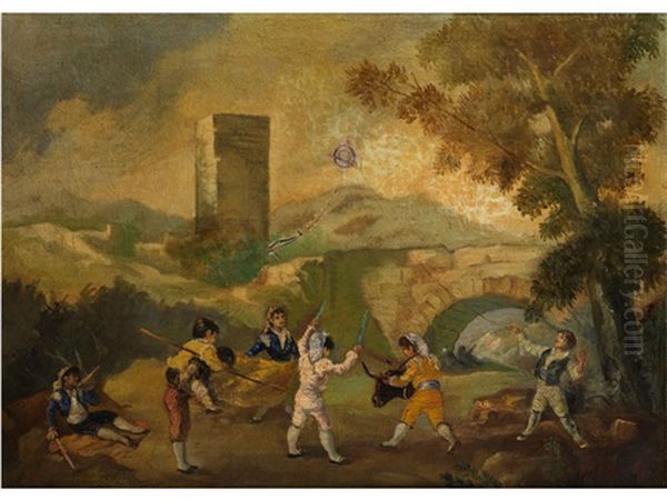 Spielende Kinder In Einer Landschaft Mit Turm Und Steinerner Bogenbrucke Unter Einem Hohen Baum Oil Painting by Francisco Goya Fuendetodos