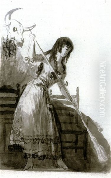 A Young Woman Arranging Her Hair Beside A Bed On Which Another Woman Is Resting (+ A Young Woman Sweeping In A Tavern, Verso) Oil Painting by Francisco Goya Fuendetodos