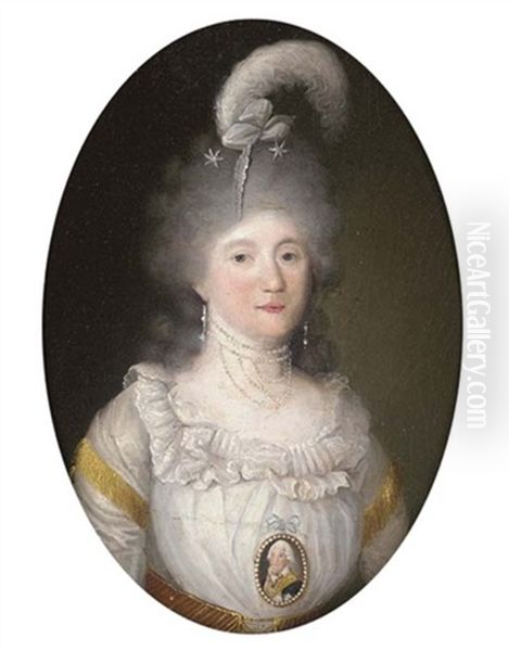 Portrait Of A Lady In A White Dress And Wearing A Portrait Miniature Of A Gentleman Oil Painting by Francisco Goya Fuendetodos