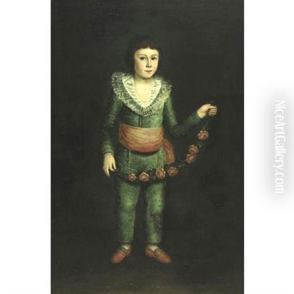 Portrait Of A Boy Holding A Garland Of Flowers Oil Painting by Francisco Goya Fuendetodos