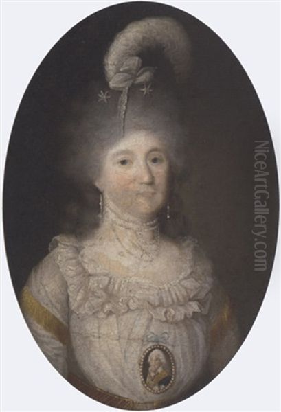 Portrait Of A Lady In A White Dress And Wearing A Portrait Miniature Of A Gentleman Oil Painting by Francisco Goya Fuendetodos