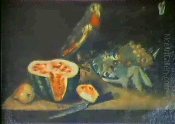 Still Life Of A Split Melon, Grapes On A Ceramic Plate And A Perched Parrot Oil Painting by Francisco Goya Fuendetodos