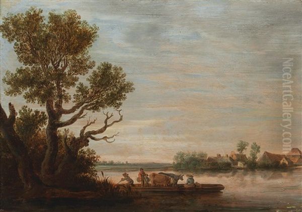 A River Landscape With A Ferry Boat Oil Painting by Jan Josefsz. van Goyen