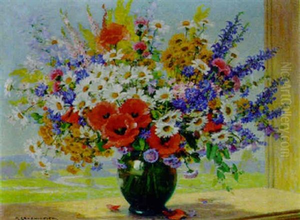 Wiesenblumenstraus In Landschaft Oil Painting by Peter Grabwinkler