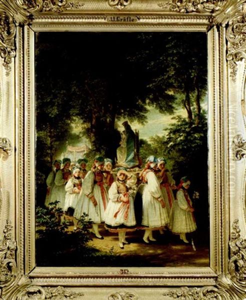 In Einer Fronleichnamsprozession Tragen Weis Gekleidete Madchen Eine Marienfigur Oil Painting by Albert Graefle