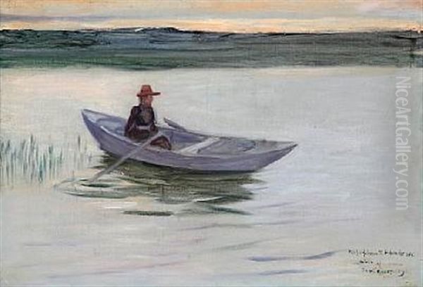 Woman In A Rowing Boat At Sunset Oil Painting by Paul Graf