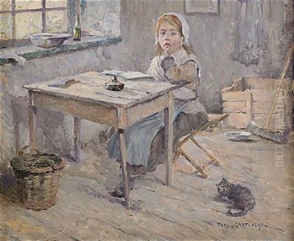 Interior Med Flicka Och Kattunge Oil Painting by Paul Graf