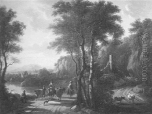 Travelers With Livestock In A Panoramic Landscape Oil Painting by Victor de Grailly