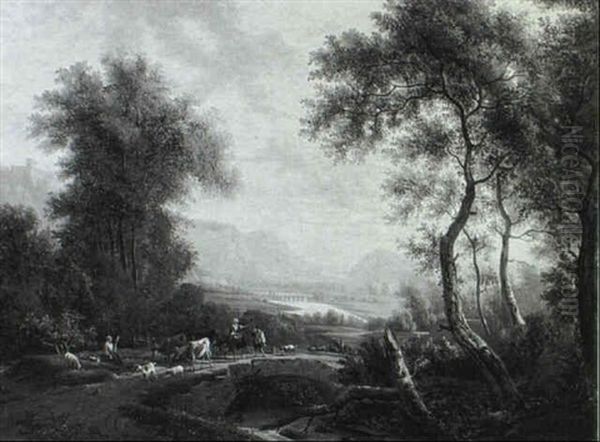 Herders With Flock In An Extensive Landscape Oil Painting by Victor de Grailly