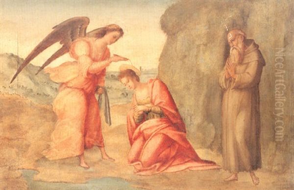 An Angel Baptizing Saint Apollonia And A Monk, Possibly     Saint Leonine, In Prayer In A Landscape Oil Painting by Francesco Granacci