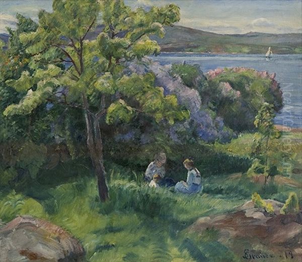 Woman And Children In Summer Landscape Oil Painting by Severin Grande