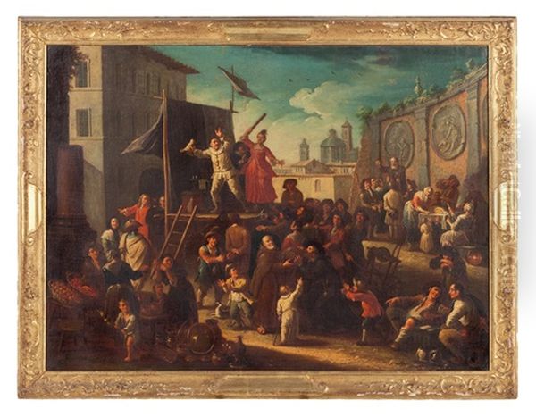 Scena Di Mercato Con Commedia Dell'arte Oil Painting by Giovanni Michele Graneri