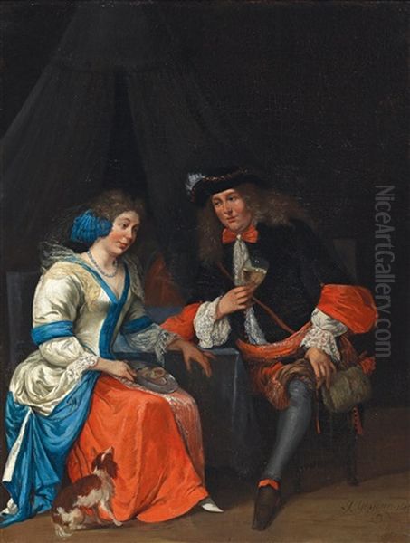 An Elegant Gentleman And A Lady Conversing Oil Painting by Jan Grasdorp