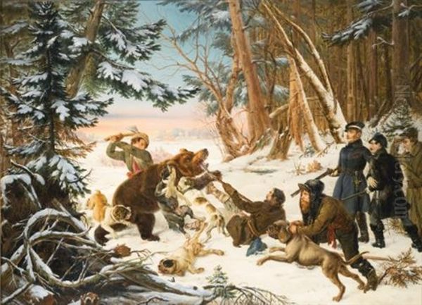 The Tsarevich Alexander Nikolaevich On A Bearhunt On The Outskirts Of Moscow Oil Painting by Otto Grashof