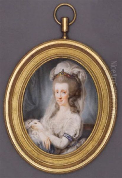 Holy Roman Empress Maria Ludovica Holding A Letter, In White Satin Dress With Ruffled Neckline And Long Sleeves, Jewel-set Armlet And Jewelled Belt, White Veil In Her Curling Hair Oil Painting by Giuseppe or Josef Grassi