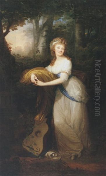 Portrait Of Princess Christine Radziwill Wearing A White Dress With A Blue Sash And Gold Mantle, In A Wooded Landscape Oil Painting by Giuseppe or Josef Grassi