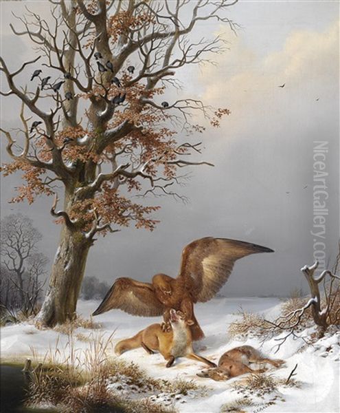 Ein Steinadler Kampft Mit Einem Fuchs Um Den Hasen Oil Painting by Eduard Grawert