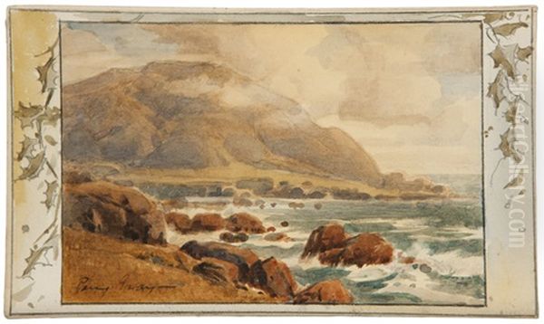 Coastal Scene With A Holly Leaf Border Oil Painting by Percy Gray