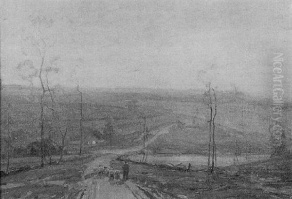 Panoramic Rural Landscape With Shepherd And Flock Oil Painting by William Greason