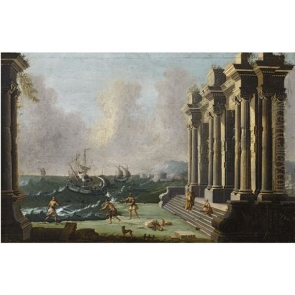 An Architectural Capriccio With Figures Amidst Classical Ruins, Shipping In Stormy Waters Beyond Oil Painting by Gennaro Greco