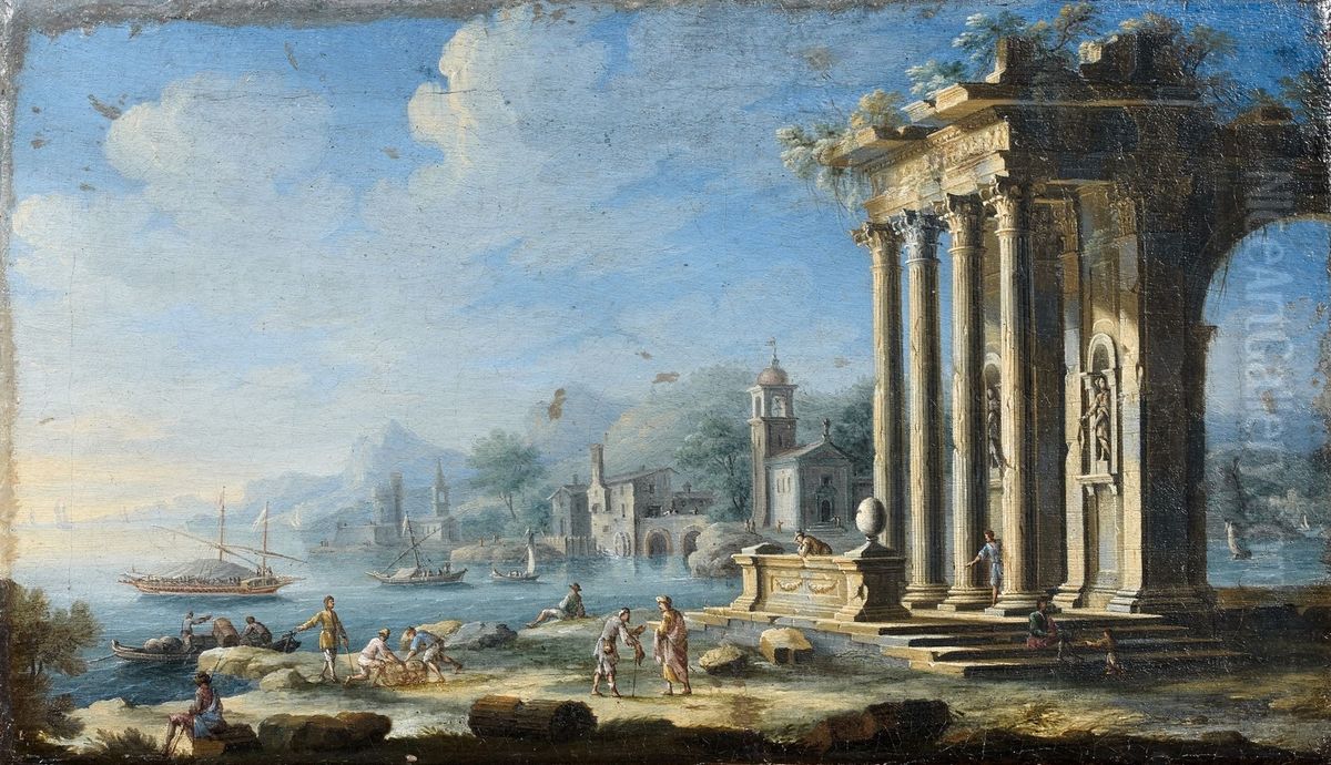 Italianate Coastal Landscapes With Figures By Classical Ruins And Shipping Off The Shore Oil Painting by Gennaro Greco