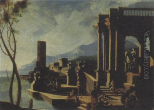 Architetture Classiche Con Sculture Antiche, Astanti E Citta Fortificata In Lontananza Oil Painting by Gennaro Greco