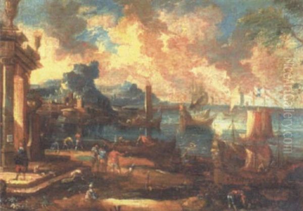 Mediterranean Port Scene With Figures Amongst Classical Ruins Oil Painting by Gennaro Greco