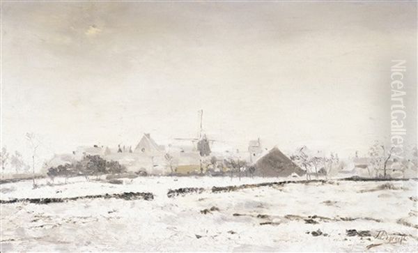 Village Enneige Oil Painting by Jean Baptiste de Greef