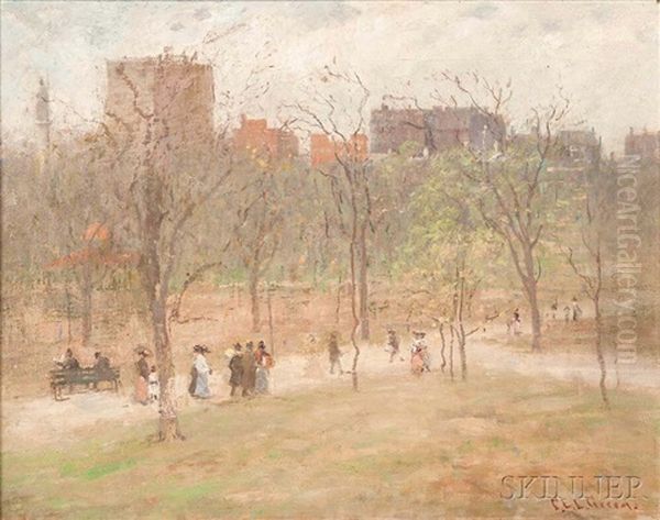 Boston Common Looking Towards Beacon Street Oil Painting by Charles Edwin Lewis Green