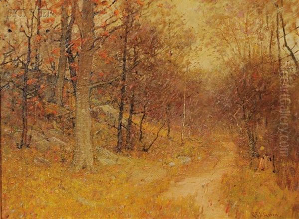 Autumn Trees In Forest Oil Painting by Charles Edwin Lewis Green