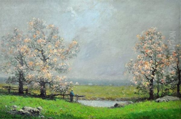 Flowering Trees In A Landscape With Figure Oil Painting by Frank Russell Green