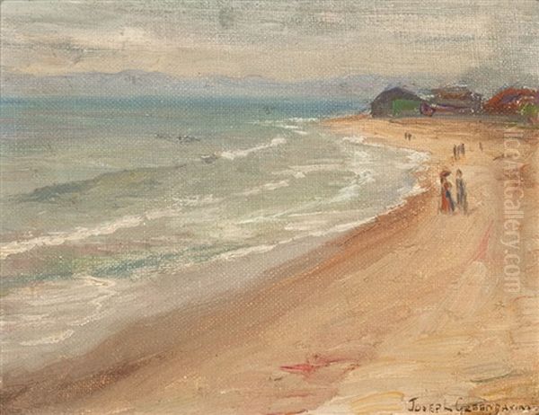 Figures Walking Along A California Beach Oil Painting by Joseph Greenbaum