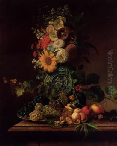Summer Flowers In An Elaborate Vase With Peaches, Apples, Pears And Walnuts On A Table Alongside Oil Painting by Gregor Greger