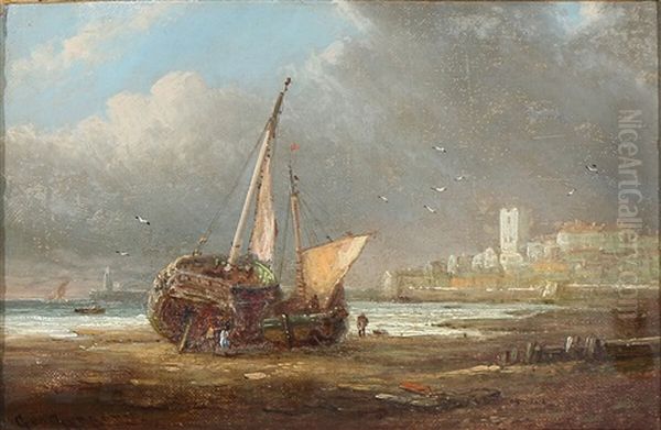 Coastal Scene With Two Ships Drawn Up On The Beach Oil Painting by George Gregory