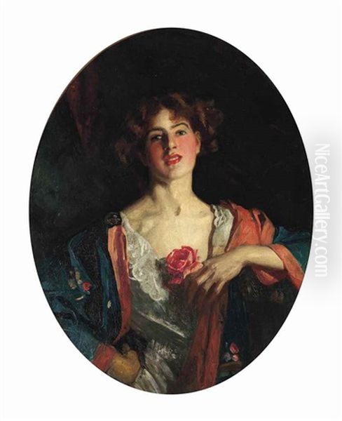 Portrait Of Mrs Bury Barry Holding A Rose Oil Painting by Maurice William Greiffenhagen