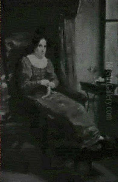 Portrait Of A Lady, Seated In An Interior, Wearing A Blue   Dress And White Collar Oil Painting by Francois Grenier de Saint Martin