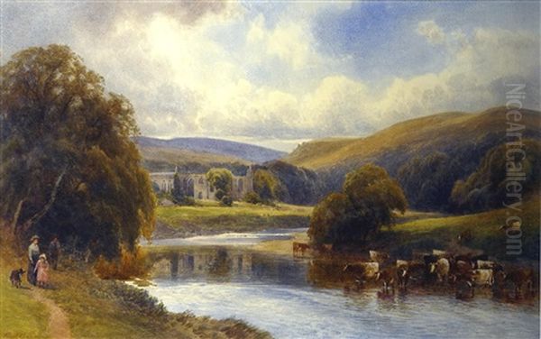 The Wharfe At Bolton Abbey With Figures And Cattle In The Foreground Oil Painting by Frank Gresley