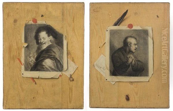 Trompe-l'oeil A La Gravure Representant Heraclite Oil Painting by Gabriel Gresly