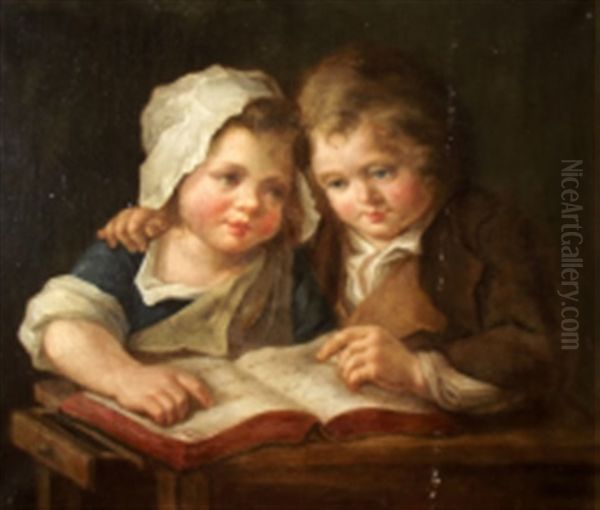 Deux Enfants A La Lecture Oil Painting by Gabriel Gresly