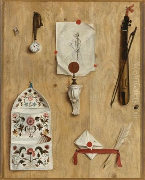 Trompe L'oeil With An Engraving, Pocket Watch, Quill Pen, Pochette, And Letter Holder Oil Painting by Gabriel Gresly
