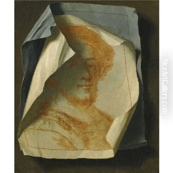 Trompe L'oeil With A Portrait Of Rembrandt, In Red Chalk With Another Drawing Pinned To The Wall Oil Painting by Gabriel Gresly