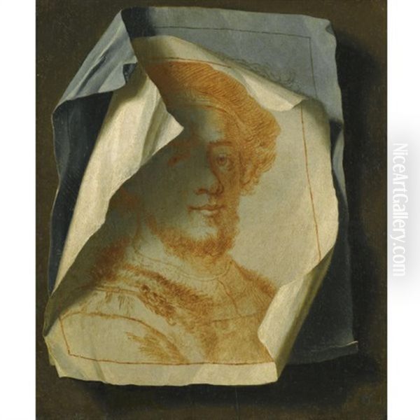 Trompe L'oeil With Two Portrait Drawings Pinned To The Wall Oil Painting by Gabriel Gresly