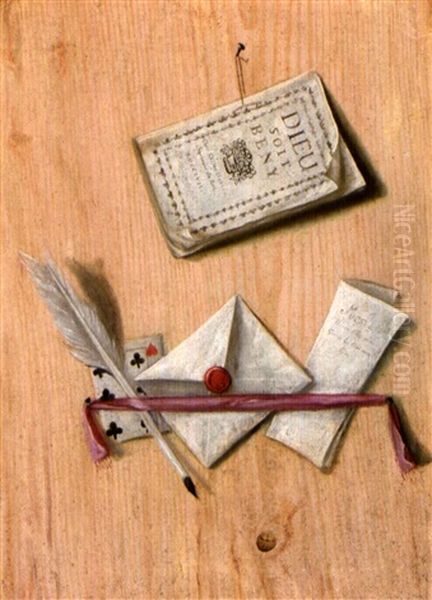 Trompe L'oil Au Pele Mele De Livre, Lettres Et Cartes A Jouer Oil Painting by Gabriel Gresly