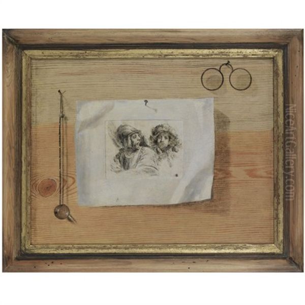 Trompe L'oeil With An Etching With A Portrait Of Rembrandt And A Soldier, And A Pinz-nez Oil Painting by Gabriel Gresly