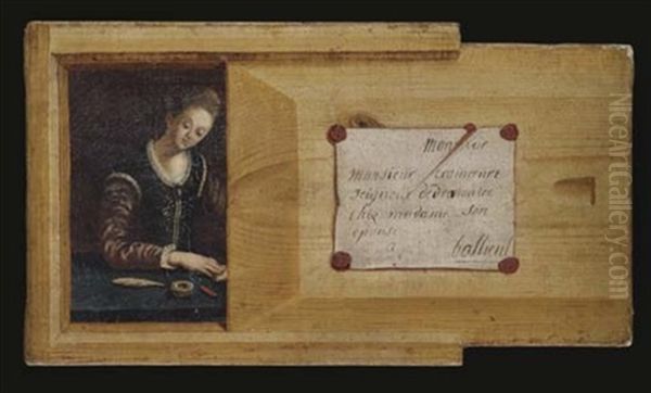 A Trompe L'oeil Of A Box, Half-open, With A Portrait Of A Lady At A Ledge, Writing A Letter Oil Painting by Gabriel Gresly