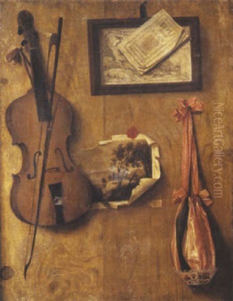 Trompe-l'oeil Au Violon Et Aux Gravures Oil Painting by Gabriel Gresly
