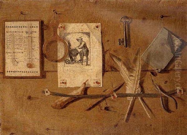 Trompe L'oeil Of A Barometer And Thermometer, Together With A Magnifying Glass, A Print Of Le Gagne Petit, A Key, And A Pen Oil Painting by Gabriel Gresly
